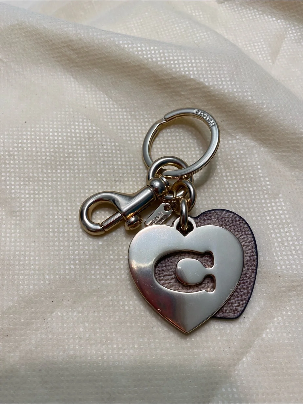 Coach Gold Heart Keychain with Brown Leather Accent